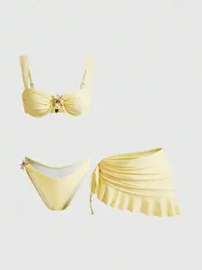 3pcs Solid Color Tankini Swimwear Set, Wide Strap Design With Underwire For Comfortable Support, Fashionable Beach Style, Perfect For Summer Beach And Pool Party Vacation