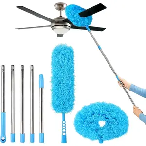 Ceiling Fan Cleaner Duster Reusable Microfiber Removable Duster with Extension Pole Adjusts 12 to 71 Inch for Cleaning Walls Bookshelves Furniture Door Window Top (Blue)