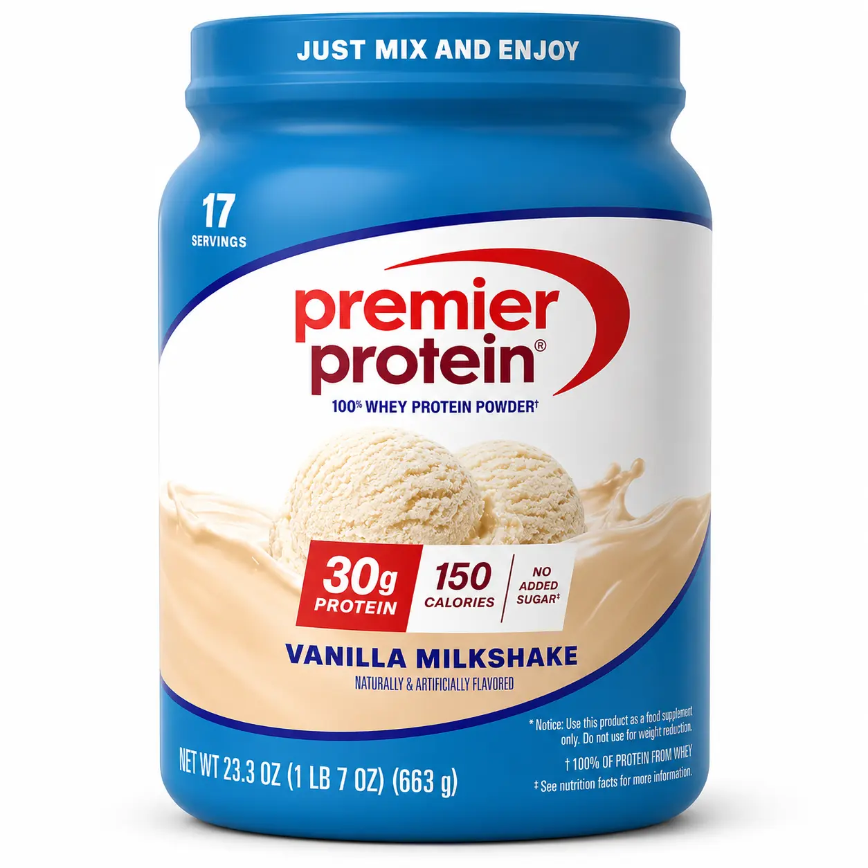 Premier Protein Powder, Vanilla Milkshake, 30g Protein, 1g Sugar, 100% Whey Protein, Keto Friendly, No Soy, Gluten Free, 23.3 oz (17 Servings)