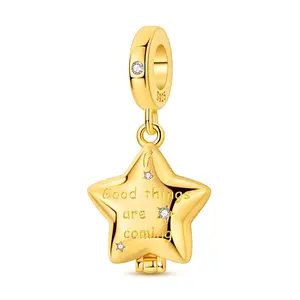 MULA 14K Gold Plated Star Charm for Pandora Bracelet – Openable Locket Dangle Bead with "Good Things Are Coming" Engraving & Hidden Colorful Crystals, Inspirational Positivity Jewelry Gifts for Women