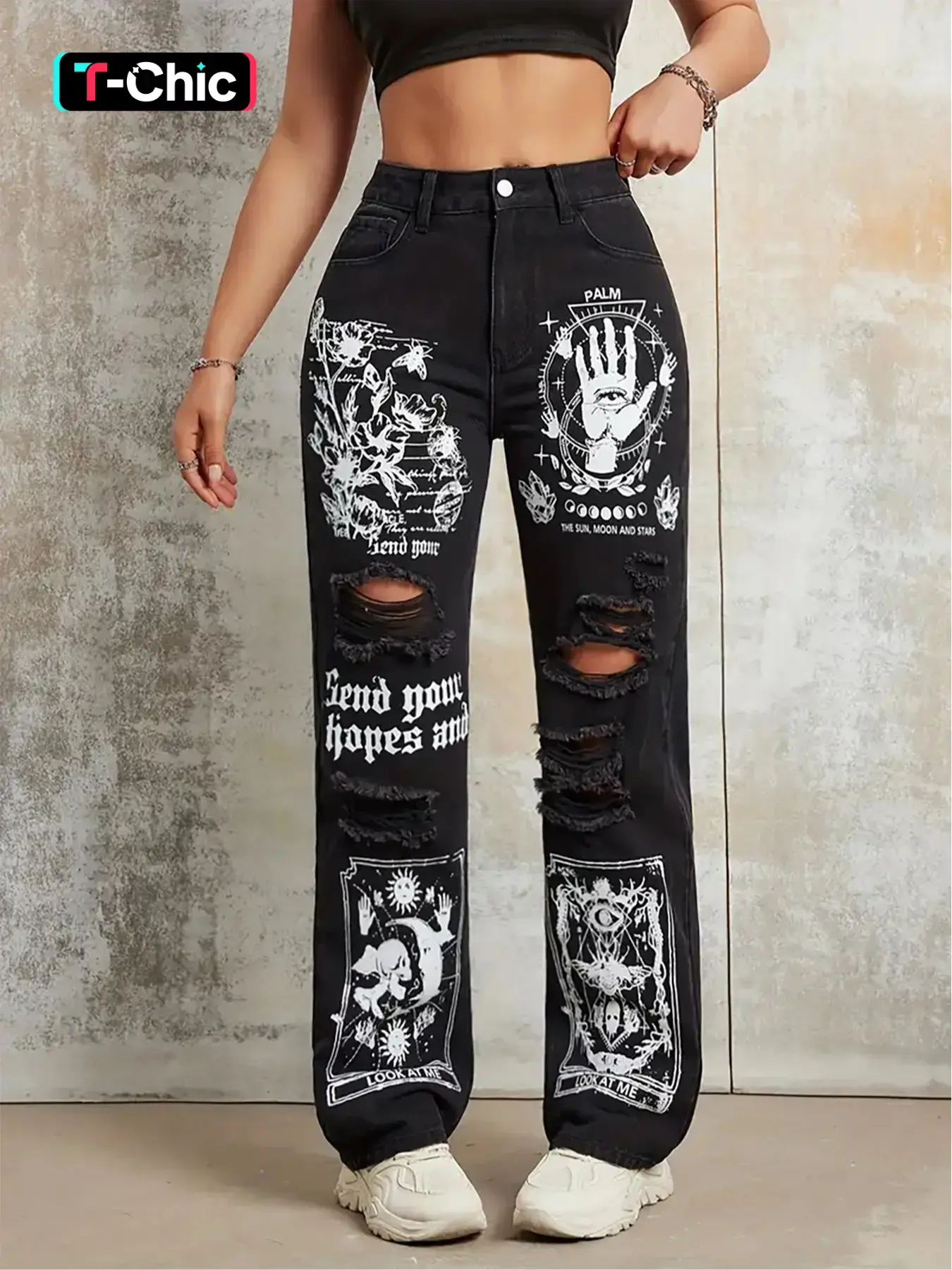 Women's Ripped Graphic Print High Waist Jeans, Fashion Casual Pocket Button Straight Leg Trousers for Daily Outdoor Wear, Women Denim for All Seasons, Distressed Jean, High Waisted Ripped