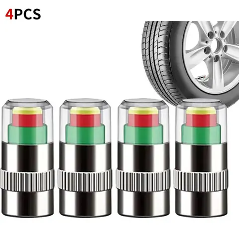 4 PCS Lightweight Stainless Steel Tire Pressure Caps with Copper Core - Built-In Pressure Monitor (35PSI-2.4Bar), 3-Color Alert Tool, Easy to Install for Cars/Motorcycles, Car Tires, Bicycles, Long Service Life