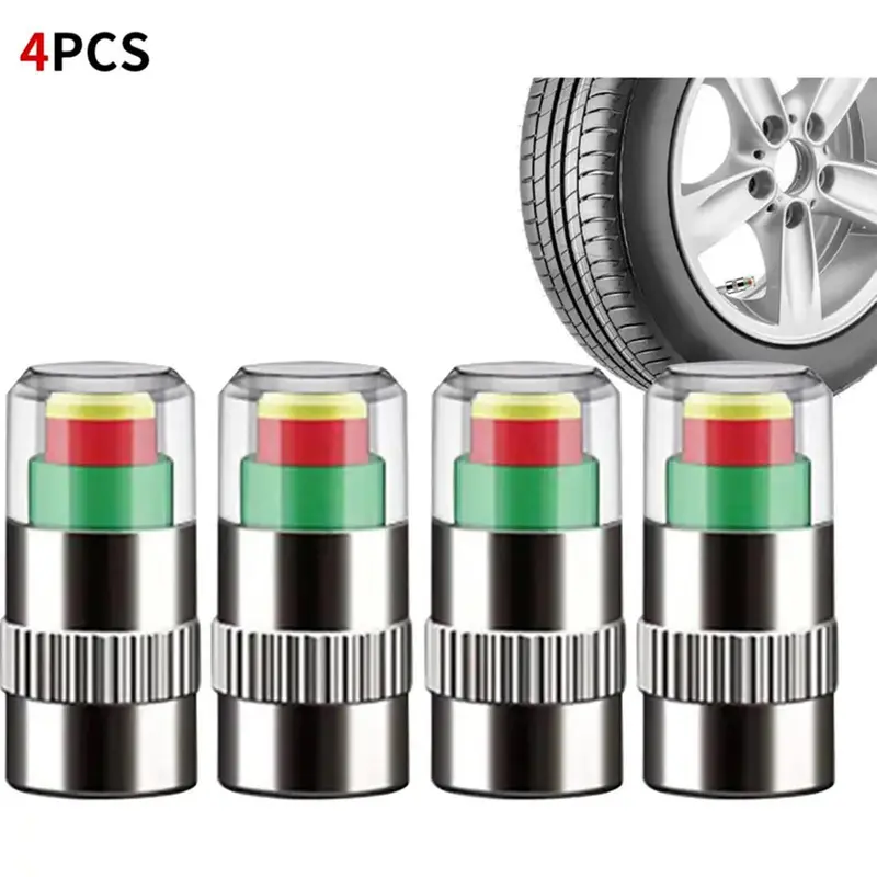 4 PCS Lightweight Stainless Steel Tire Pressure Caps with Copper Core - Built-In Pressure Monitor (35PSI-2.4Bar), 3-Color Alert Tool, Easy to Install for Cars/Motorcycles, Car Tires, Bicycles, Long Service Life