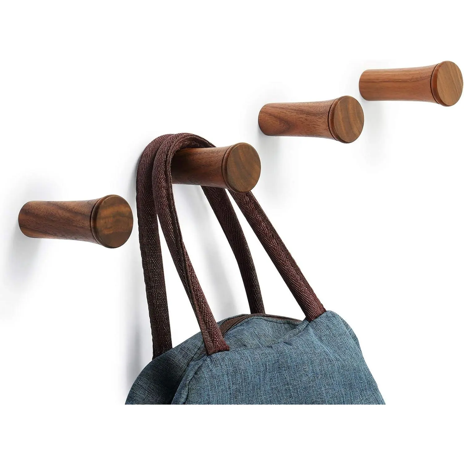 4-Pack Wooden Wall-Mounted Hooks - 3 Walnut Wood Hangers, 1 Rustic Brown Peg, 10 Lbs Capacity, Decorative Hanging Room Decor for Home Entryway Hats, Towels