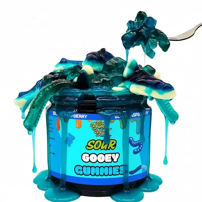 Sour Gooey Gummies, Sour Blue Raspberry Candy, Gummy Candy Mix, Ooze Sticky Gummies, Liquid Chewy Sweet Treat Resealable Container