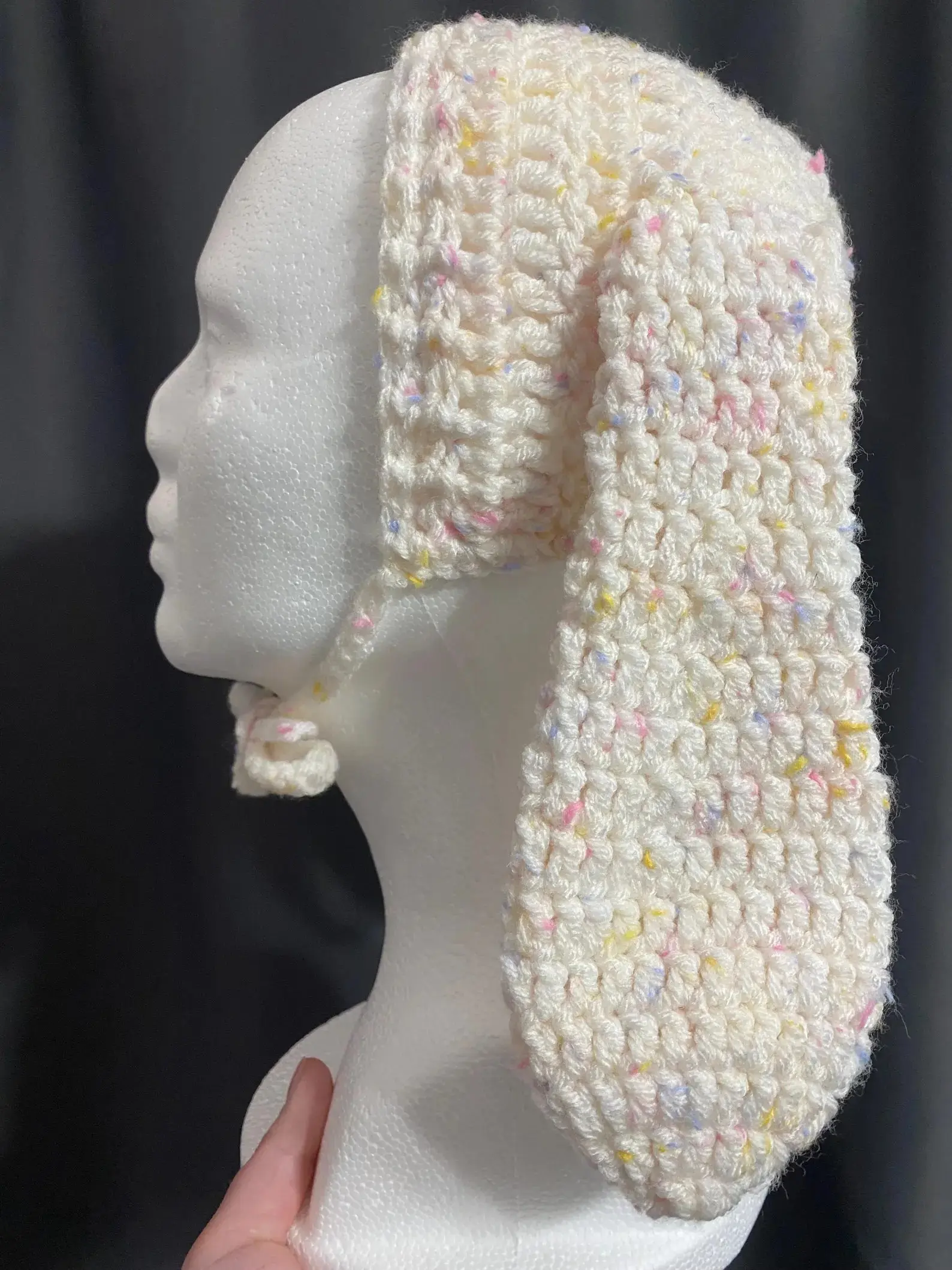 Crochet 0-3 Months Baby Bonnet With Bunny Ears - Unisex Gender Neutral White Speckled Hat for Easter Gifts