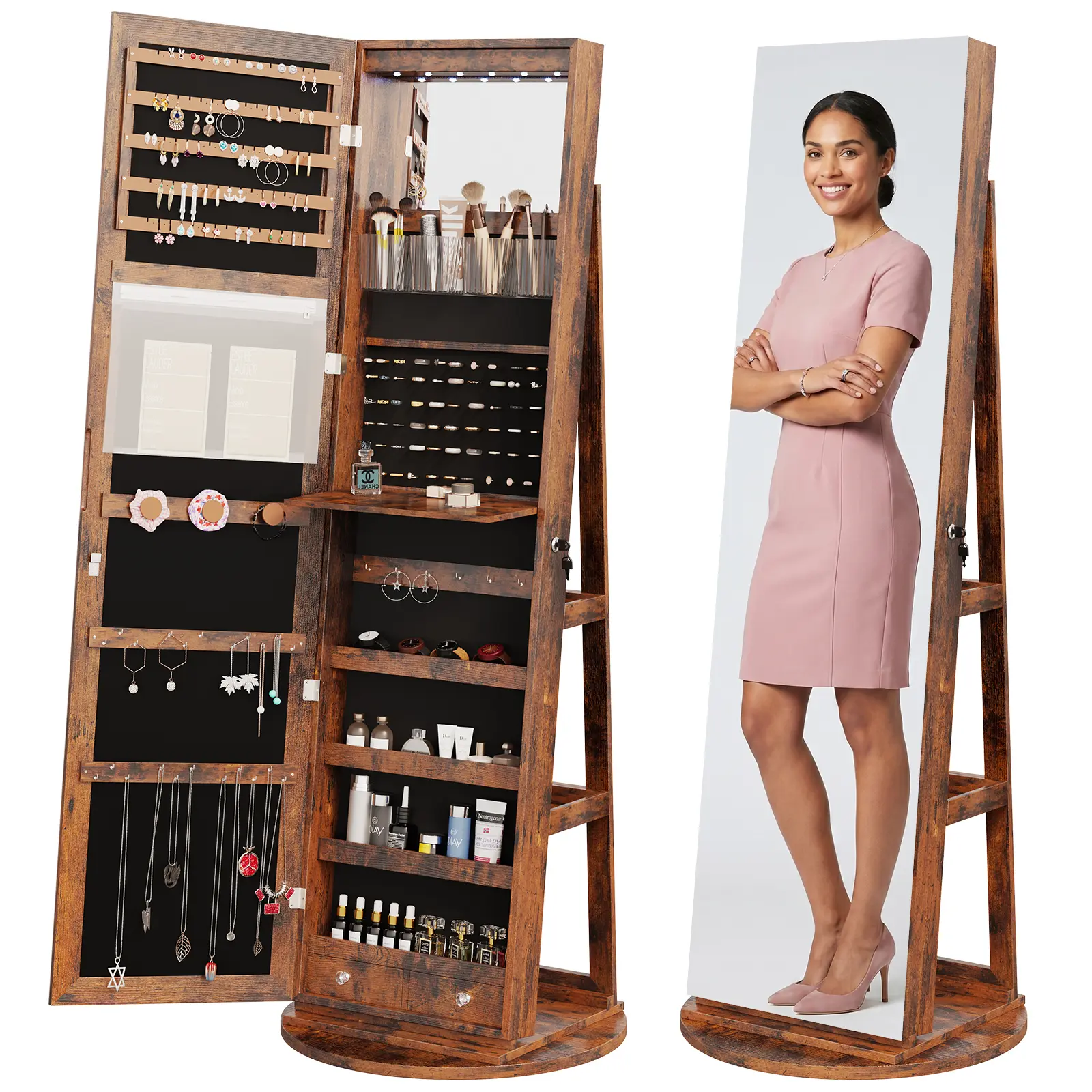 360° Swivel Jewelry Cabinet Armoire with Full-Length Mirror & LED Lights, Lockable Standing Organizer with Foldable Makeup Tray & Back Storage Shelves