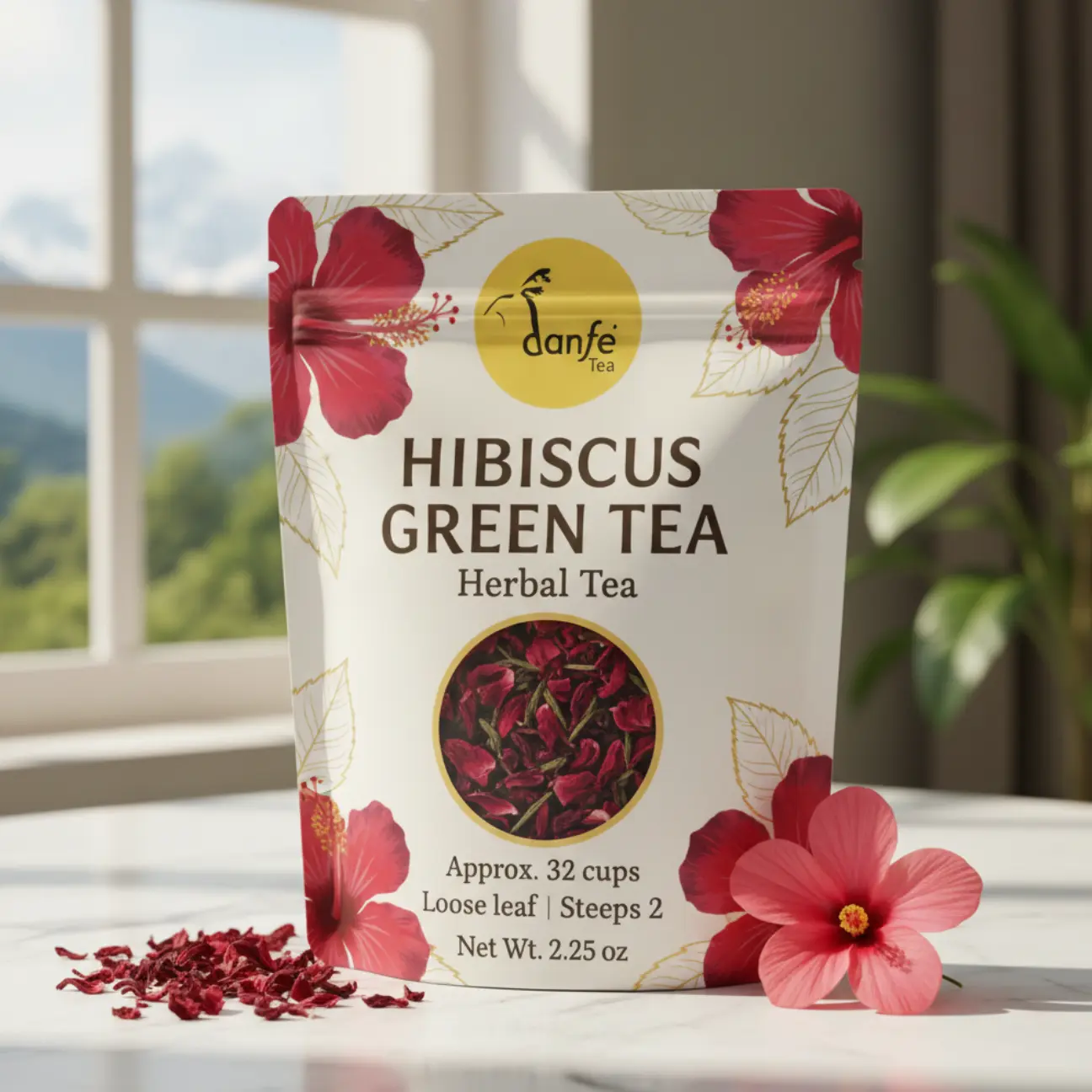 Danfe Hibiscus Detox Green Artisan Loose Leaf Herbal Tea - Vegetarian, Sugar-Free, Cruelty-Free, for Skin Radiance, PCOS Balance, Metabolism Support, Bloat Relief, Calm Focus, Himalayan Beverage (32 Cups)