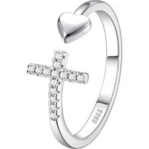 YADOCA  Silver Cross Ring for Women Adjustable Cross Love Open Ring Stackable Cubic Zirconia Cross Ring Pray Through It Ring Christian Religious Ring