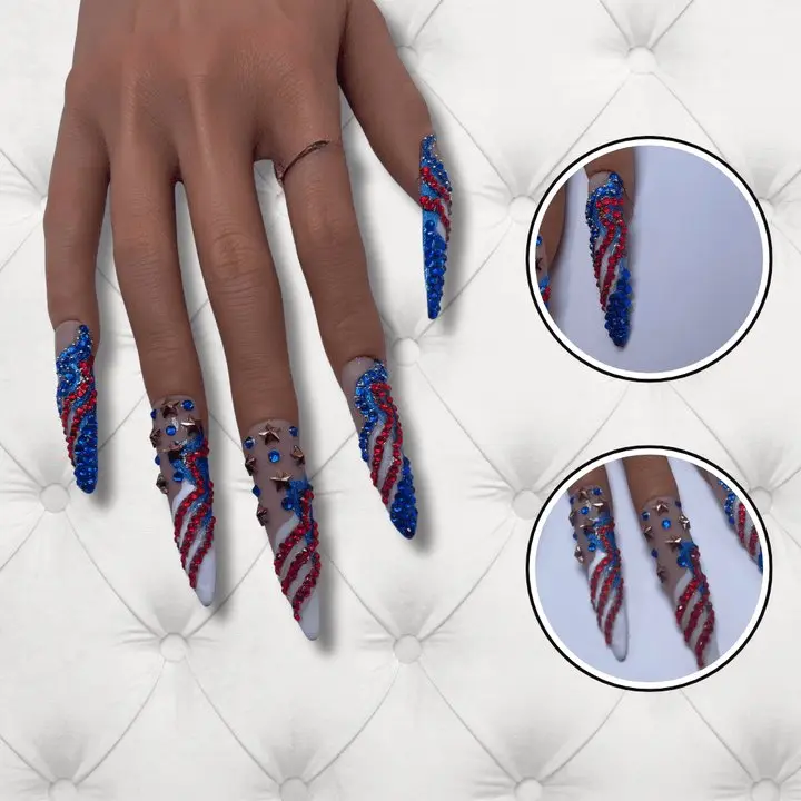 LUXEA American Dream Extra Long Press-On Nails Set with Red, White & Blue Design, Sparkling Rhinestones, Gold Star Embellishments & High-Gloss Finish