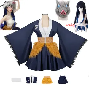 bilibili Demon Slayer Cosplay Hashibira Inosuke Costume Adult Halloween Anime Fancy Top Skirts Dress Clothes Wig Mask Set Outfit