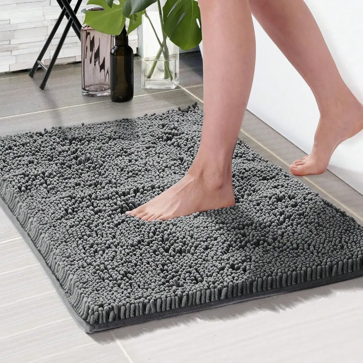 Bath Rug Mat, Thick Soft Absorbent Chenille, Quick Dry Microfiber Mats, Rubber Backing, Machine Washable Shower Floor Rugs, Bathroom Bathmat Home Decor Accessories, Greybathroom Rugs