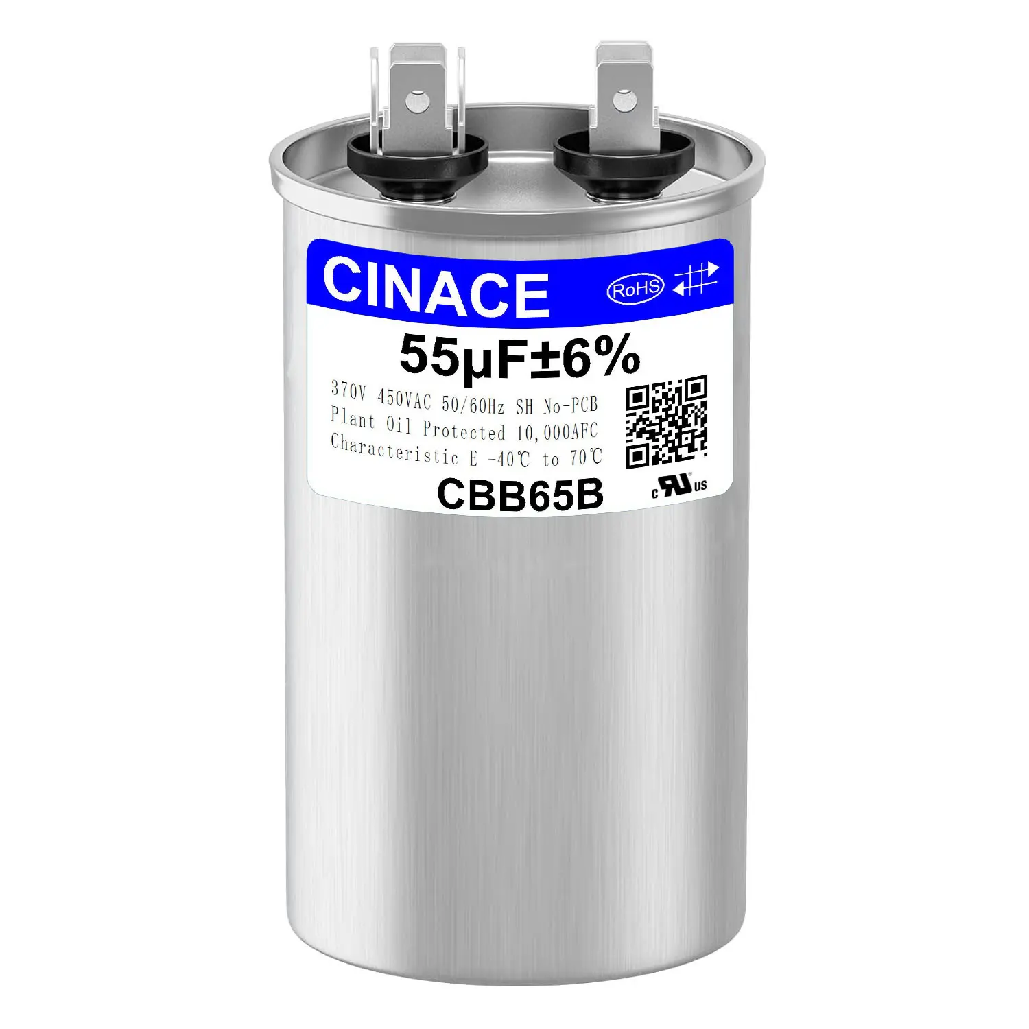 CINACE 55uF/55MFD  Run Capacitor, CBB65  Operates at 370/450VAC, 50/60Hz, for Air Conditioner AC Motor Fan, HVAC Units