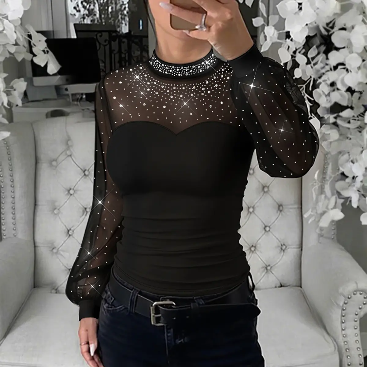 CHICME Women's Rhinestone Decor Mock Neck Lantern Sleeve Sheer Mesh Spliced Tee Hollow-out Back Slim Fit Top