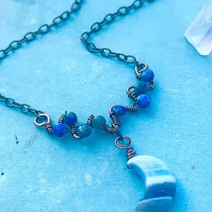 Lapis lazuli and opal moon copper wire wrapped necklace