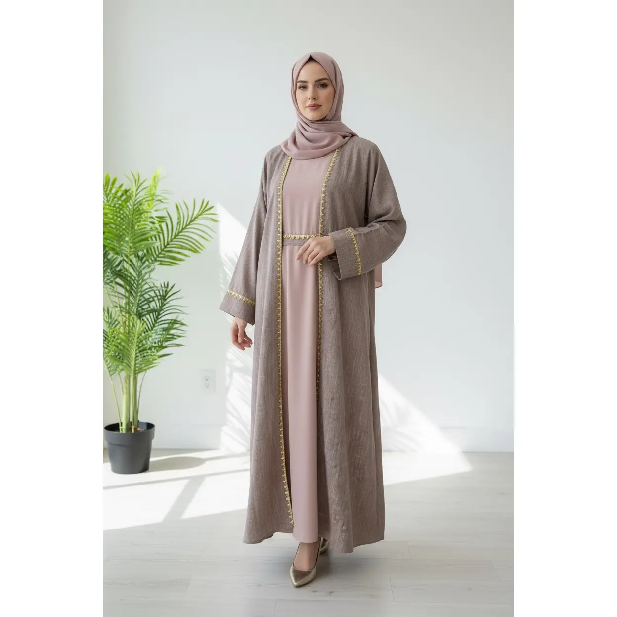 Layali 3-Piece Abaya Set | Open Abaya, Inner Dress & Belt
