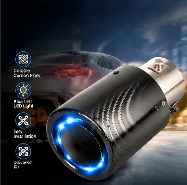 Automotive Carbon Fiber Exhaust Tip, Waterproof Durable Blue LED Ring Tail Pipe Tube with Solid Adjustable Clamp-On for Car Tuning Enthusiasts #CarAccessories #ExhaustTipMod #CarbonFiberCar #CarUpgrade, Stainless Steel