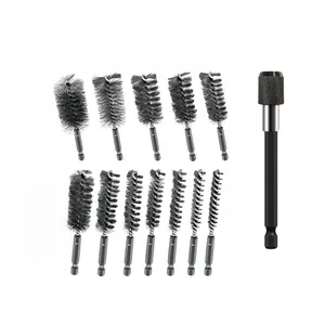 Stainless Steel Bore Brush Set 12 Pcs, Equipped with 4'' Extension Bar and 1/4 Inch Hex Shank, Multi Size 5/16"-1-3/16" Twisted Wire Brushes, Ideal for Power Drill Impact Driver Bore Cleaning