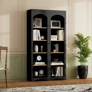 Free Standing 5 Tier Bookshelves, Bookcases Set of 2, Farmhouse Two-Tone Storage Cabinet with Adjustable Shelves, Modern 72"H Kitchen Pantry Cabinet for Living Room, Home Office, Black