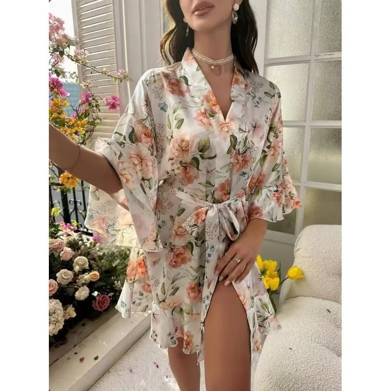 Floral Print Lounge Robe - Women's 2026 Summer Fall Soft Casual Loungewear Lightweight Comfortable Home Sleepwear Bathrobe