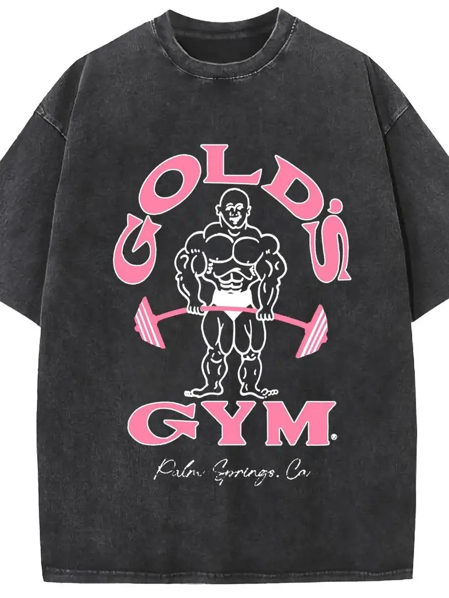 Holafish Oversize Acid Wash Vintage GOLD‘S GYM T-Shirt, Heavyweight Cotton Streetwear graphic vintage tees Menswear Crewneck Tshirt unisex funny cat worm women Round Neck Casual