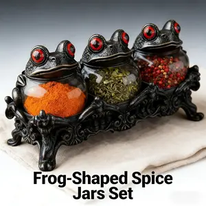 4pcs（3 frog jars + 1 Gothic-style base） Witch Frog Apothecary Spice Jars Set - Handmade Retro Classic Apothecary Jars with Frog Lids & Gothic Style Bases, Unique Gothic Kitchen Food Storage Containers,  Herbs & Salt, Easter Creative Home， vessel accesso