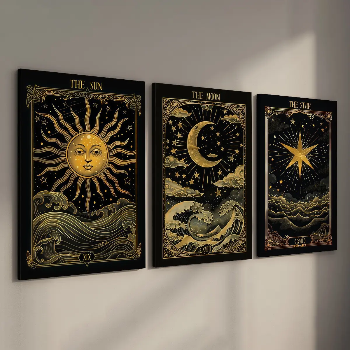 3Pcs/Set Framed Vintage The Sun The Moon The Star Golden Tarot Card Print Wall Art, Witchy Canvas Posters, Graphic Prints, Ready To Hang, Artwork Wall Decor For Gift, Living Room, Bedroom, Home & Dormitory Decoration