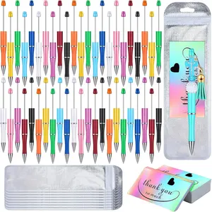 150 count Beadable Pens Kit 50 count Colors Plastic Beaded Ballpoint Pens Bulk 50 Foil Thank You Cards with 50 Resealable Packaging Bags for School DIY Making (Bright Style)