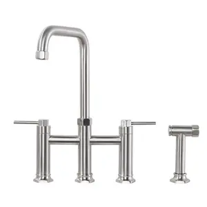 WOWOW Elegant Brass Double Handle Bridge Kitchen Faucet with Side Sprayer, 59 in. Hose, and Supply Lines in Brushed Nickel