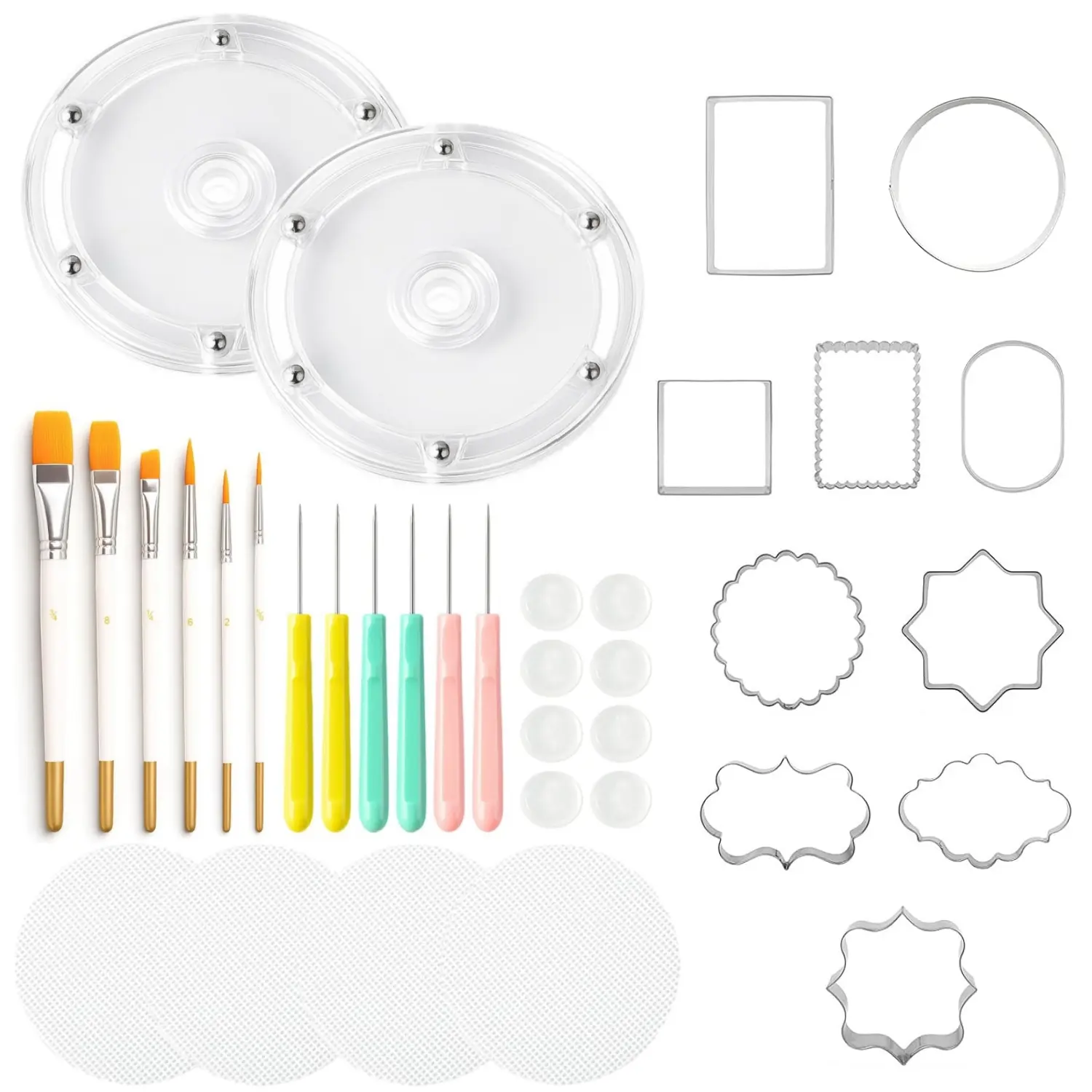 1 Set Cookie Decorating Supplies Including 10pcs Cookie Cutters, 2pcs Acrylic Cookie Turntable, 6pcs Cookie Scribe Needle, 4pcs Silicone Mesh Mats, 6pcs Cookie Decoration Brushes and 8pcs Rubber Feet Bumpers