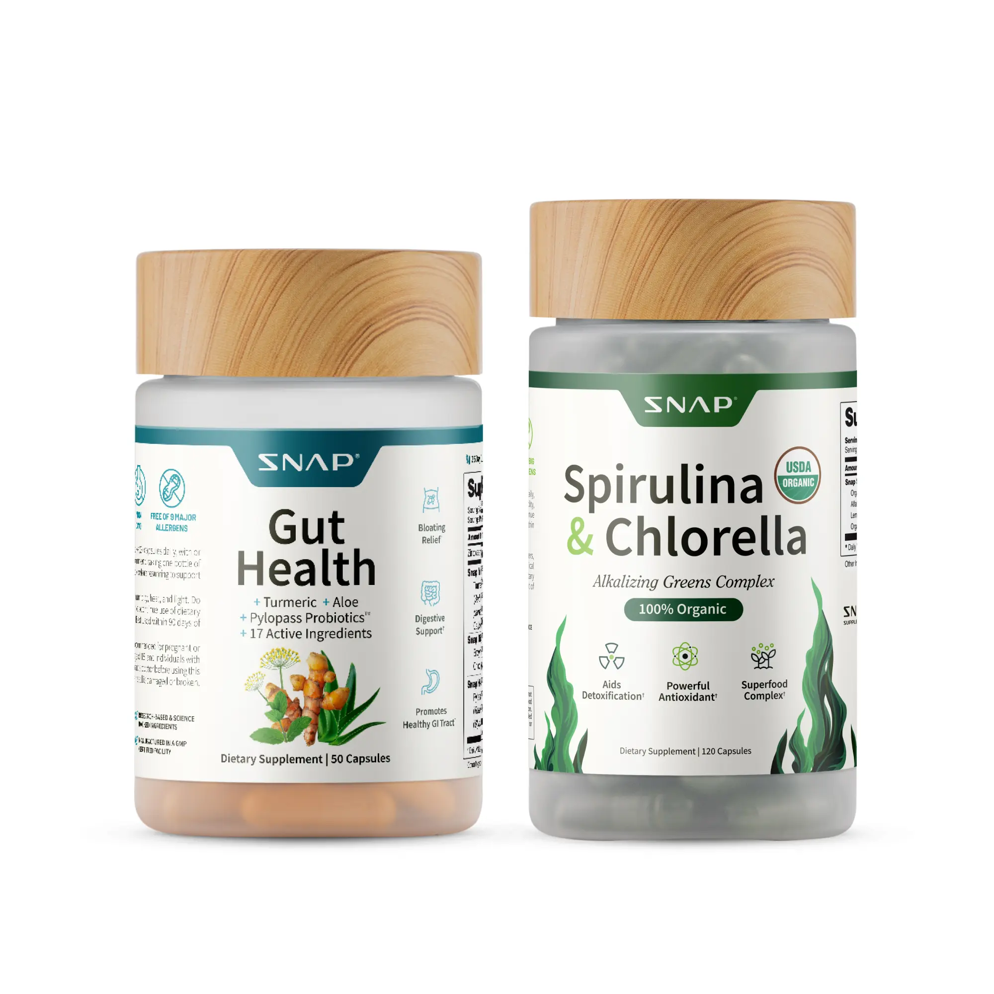 Gut Health Bundle - Snap Supplements - Gut Health + Spirulina & Chlorella - Natural Supplement Bundle Prebiotics Probiotics Dietary