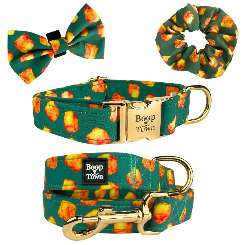 Boop Town Tater Tots 4-Piece Dog Accessory Set - Matching Collar, Leash, Bow Tie & Owner Scrunchie