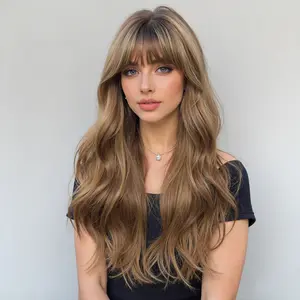 Loni -DWY New Color 24-Inch Long Wave Light Brown Glueless Synthetic Wig with Bangs for Women High-Quality Premium Fiber Easy Wear Comfortable Fit