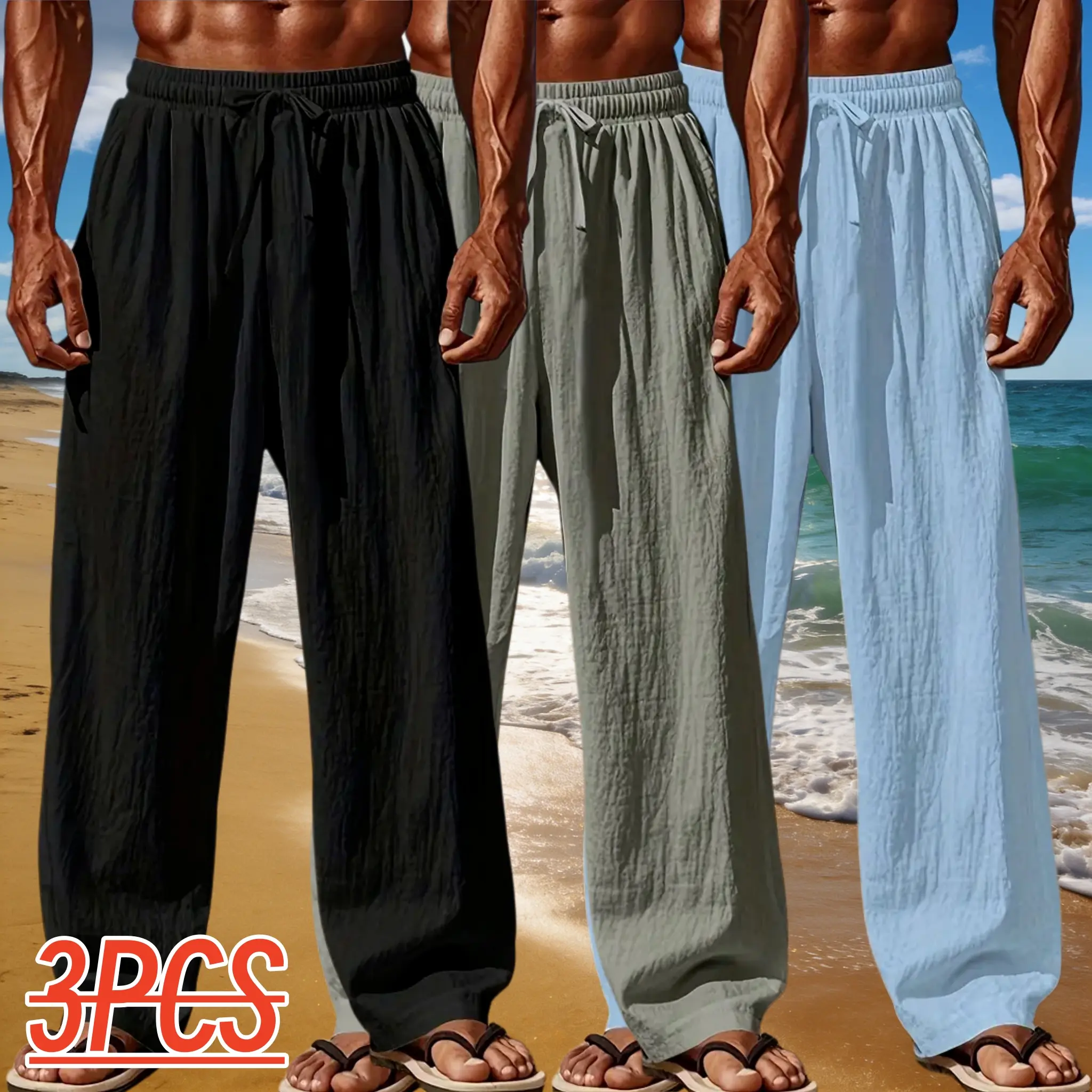 Men's 2-Piece Cotton-Linen Set - Solid Tropical Woven Shirt and Baggy Wide-Leg Trousers with Elastic Drawstring Waist, Casual Men's Pants, Comfy Style Men's Pants