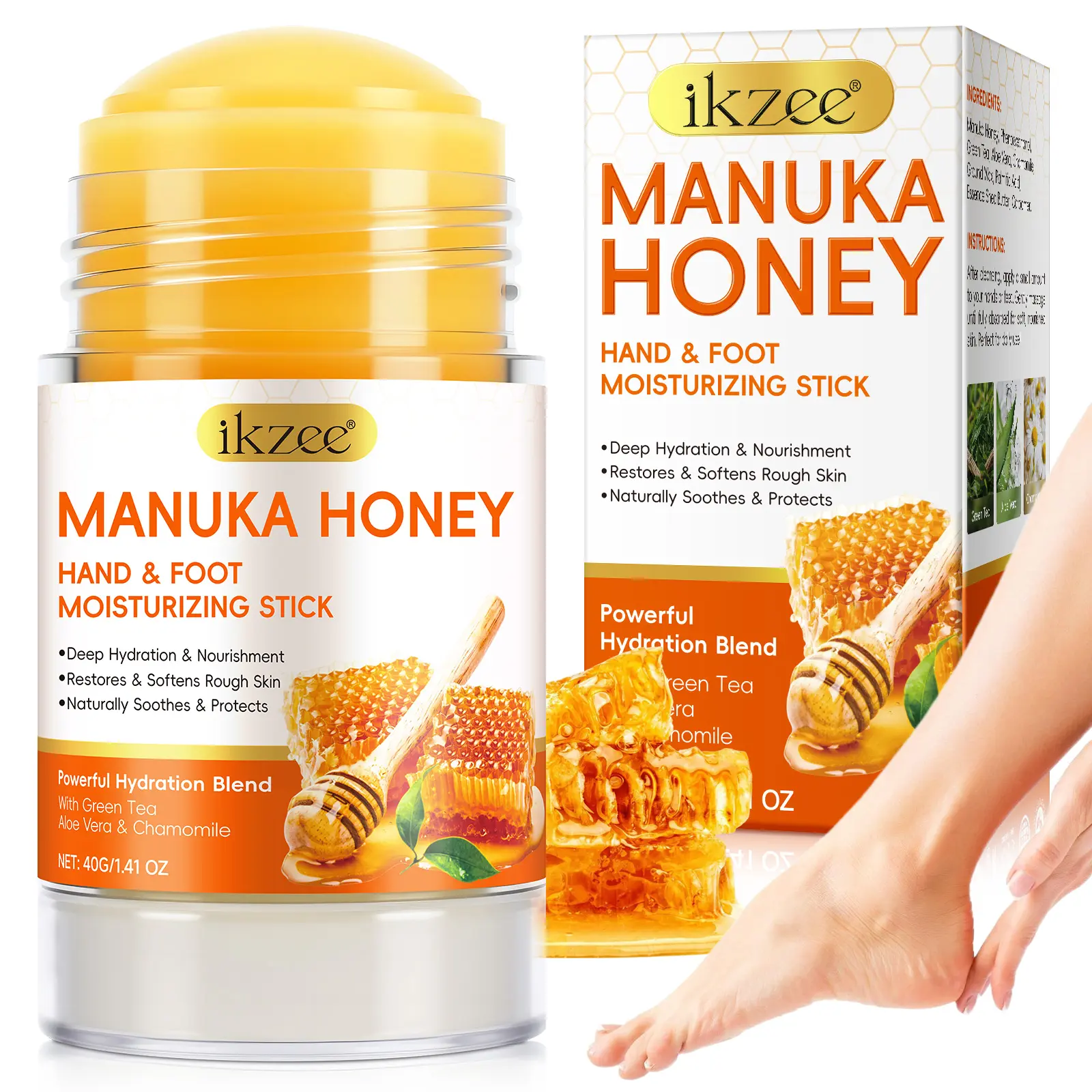 ikzee Manuka Honey Hand and Foot Moisturizing Cream 40g, Hydrating Hand Balm, organic natural honey cream, deeply hydrates, suitable for dry skin, Foot Cream For Dry Feet, suitable for both men and women, Honey Lotion, Foot Moisturizer, Foot Care Product
