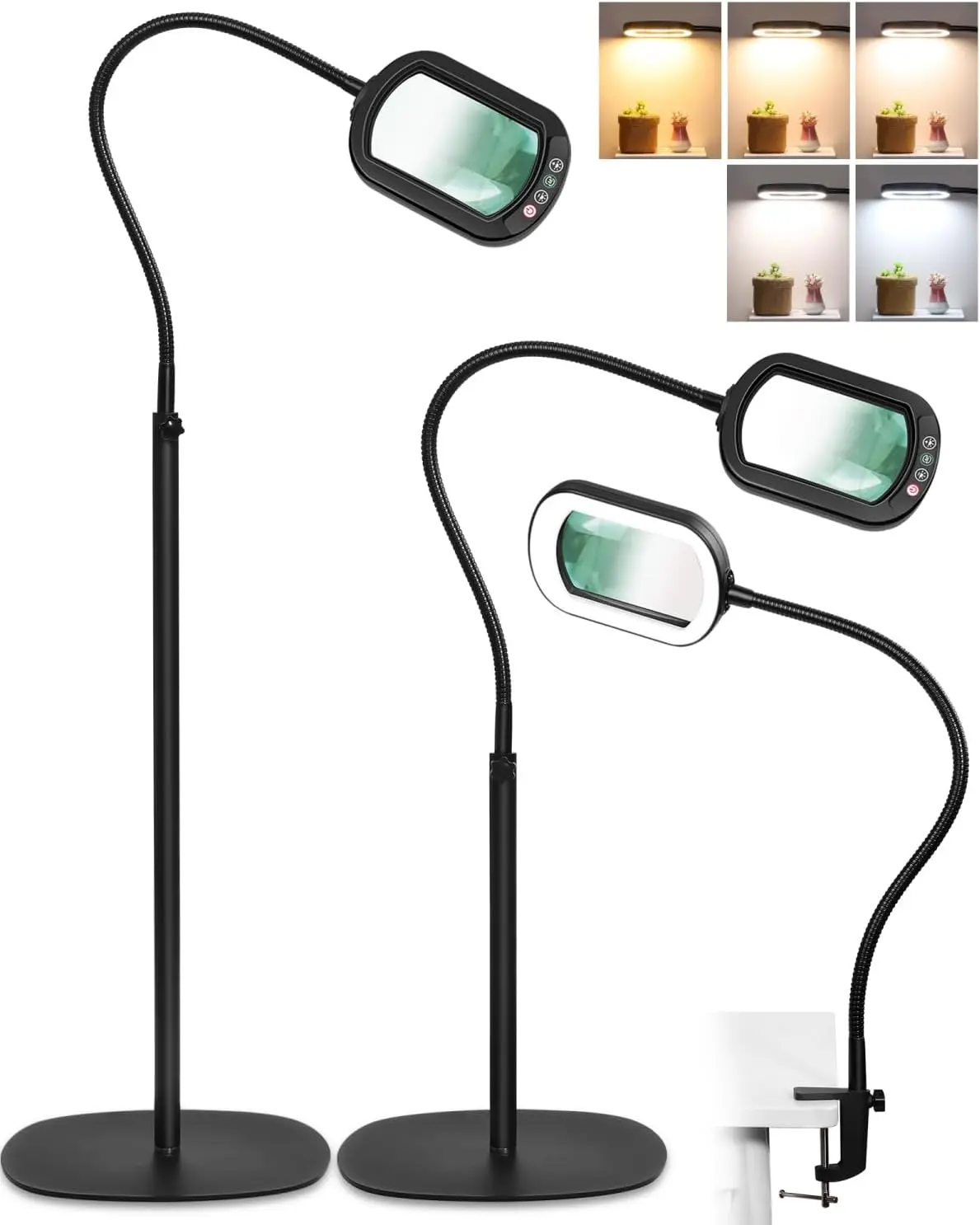12X Large Floor Magnifying Glass with Light and Stand, 45'' Flexible Gooseneck Floor Magnifying Lamp with 5 Color Modes,3 in 1 LED Lighted Desk Lamp Magnifiers for Reading,Close Work,Sewing, Black