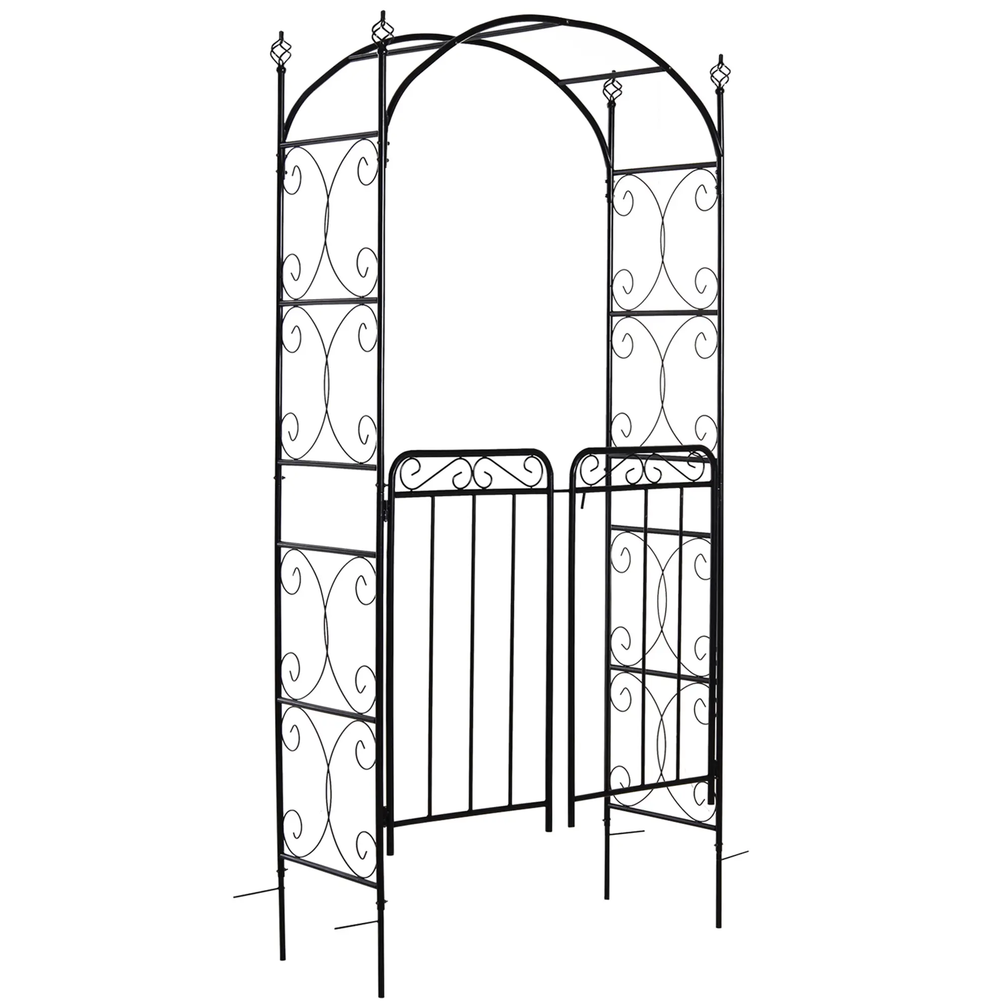 Outsunny 84" Garden Arch Arbor with Gate, Metal Arch Trellis, Garden Archway for Climbing Vines, Wedding Ceremony Decoration, Flourishes & Arrow Tips, Black