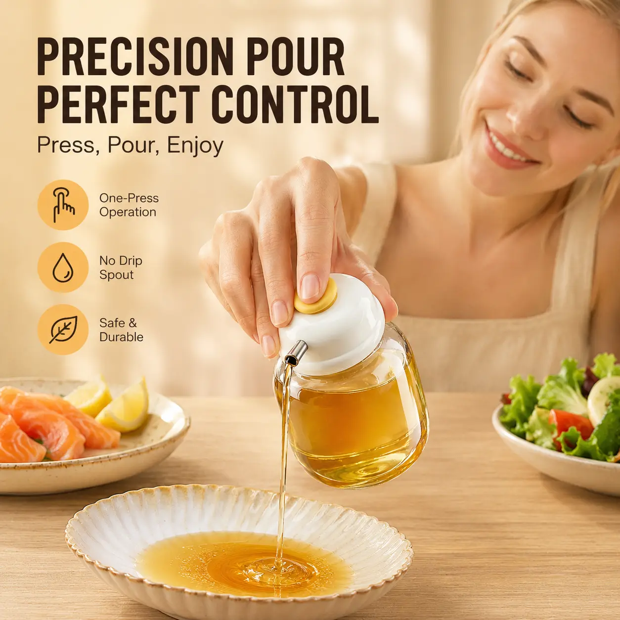 1 Count, Press Type Glass Oil Dispenser, Quantitative Drip-Free Seasoning Cruet for Kitchen Cooking Vinegar Sauce Storage