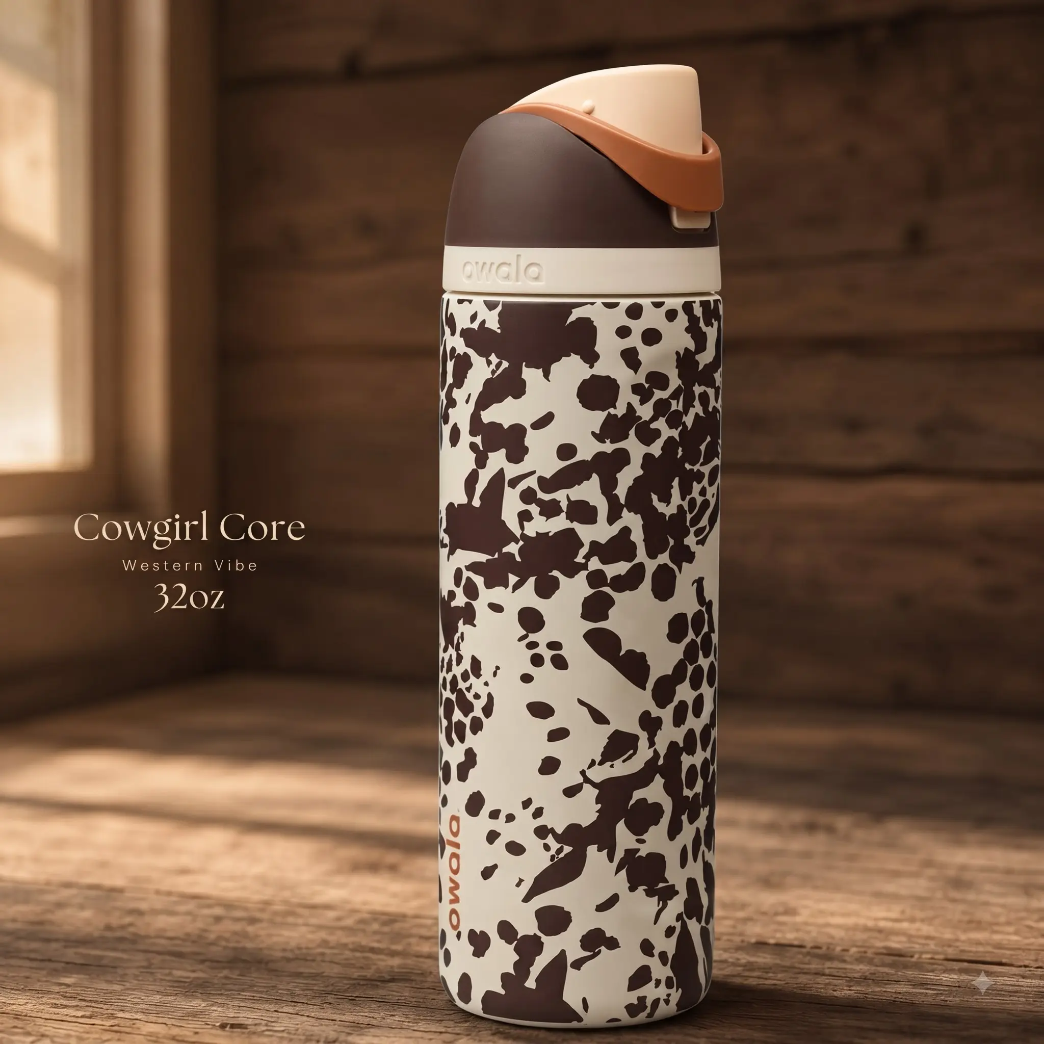 NEW Owala “Cowgirl Core” 32 oz FreeSip Water Bottle | Special Edition Brown Cow Print | Insulated Stainless Steel Bottle with Straw Lid