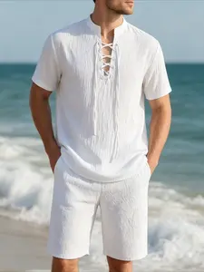 Men's Breathable Linen-Feel Tie-Up Short Sleeve Blouse & Shorts Set, Matching Tropical Summer Vacation Casual Two-Piece, Slim-Fitting, Plain Pattern, Menswear