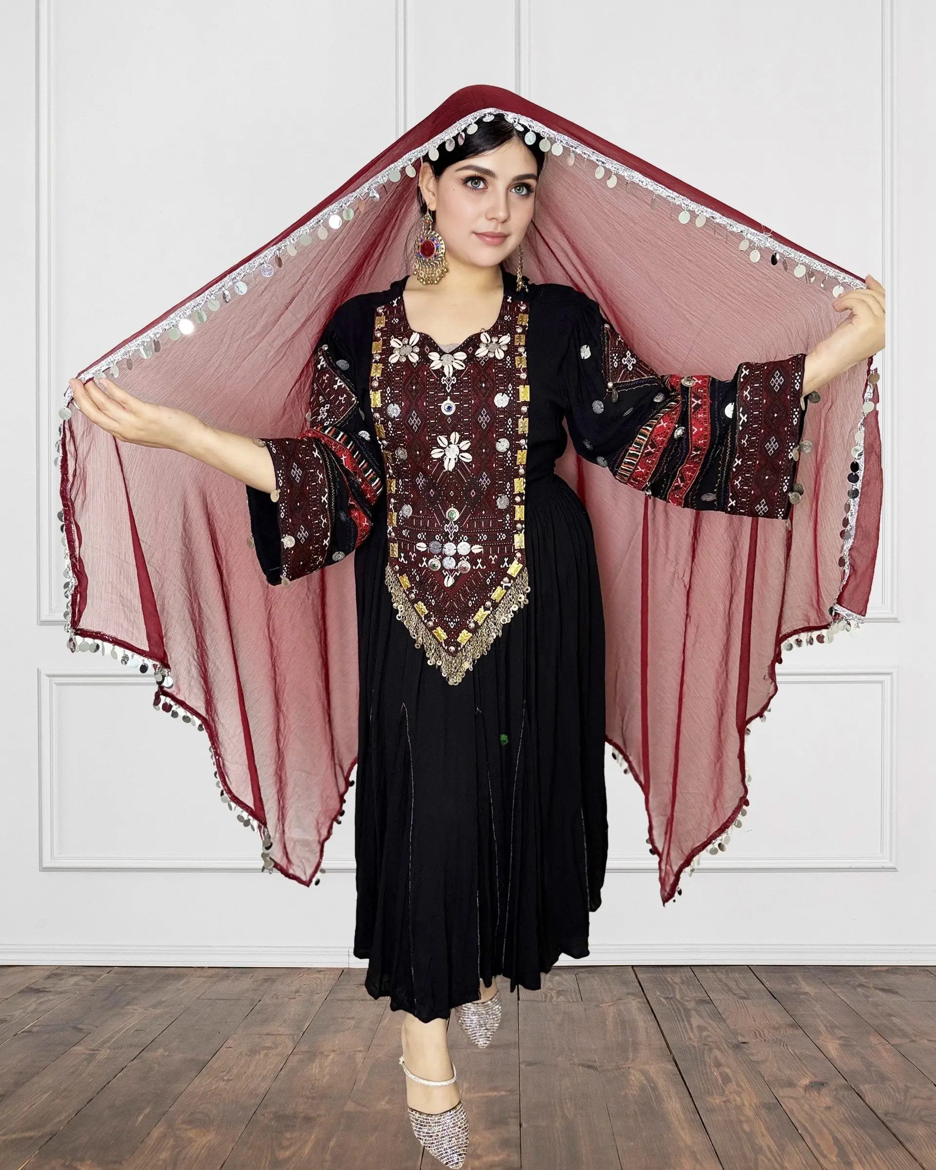 Women's Afghan Noristani Traditional Dress, Stylish Clothes with Premium Fabric, Matching Costumes Accessories for Mirror Photoshoots, Sleeves
