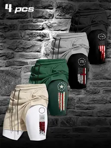 Men's Two-In-One Fitness Shorts Set, Anti-Embarrassment Lining, Patriotic Print, Ideal for Weightlifting and Running, Sporty Style