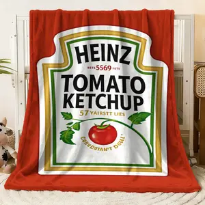 Funny Heinz Tomato Ketchup Print Flannel Blanket, Soft Warm Throw Blanket for Bed Couch Sofa Living Room Decor, Novelty Food Pattern Blanket Gift for Kids Adults