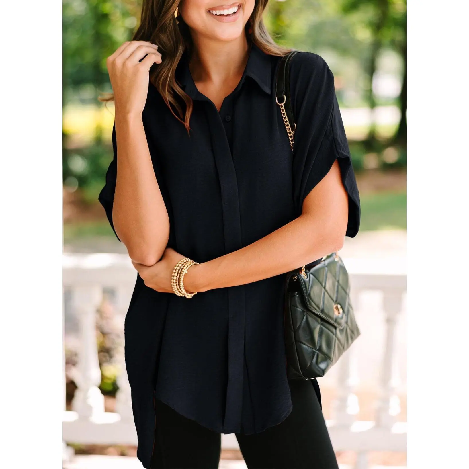Dokotoo White Women's Tops Dressy Casual V Neck Button Down Shirts Solid Short Sleeve Blouses Oversized Fit Batwing Collared Baggy Minimalist Style