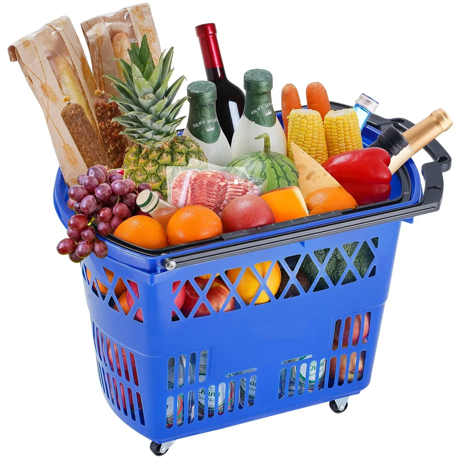 6PCS Plastic Rolling Shopping Baskets with Handles & Wheels, 39L Large Portable Set for Supermarkets, Grocery Shopping (Blue)