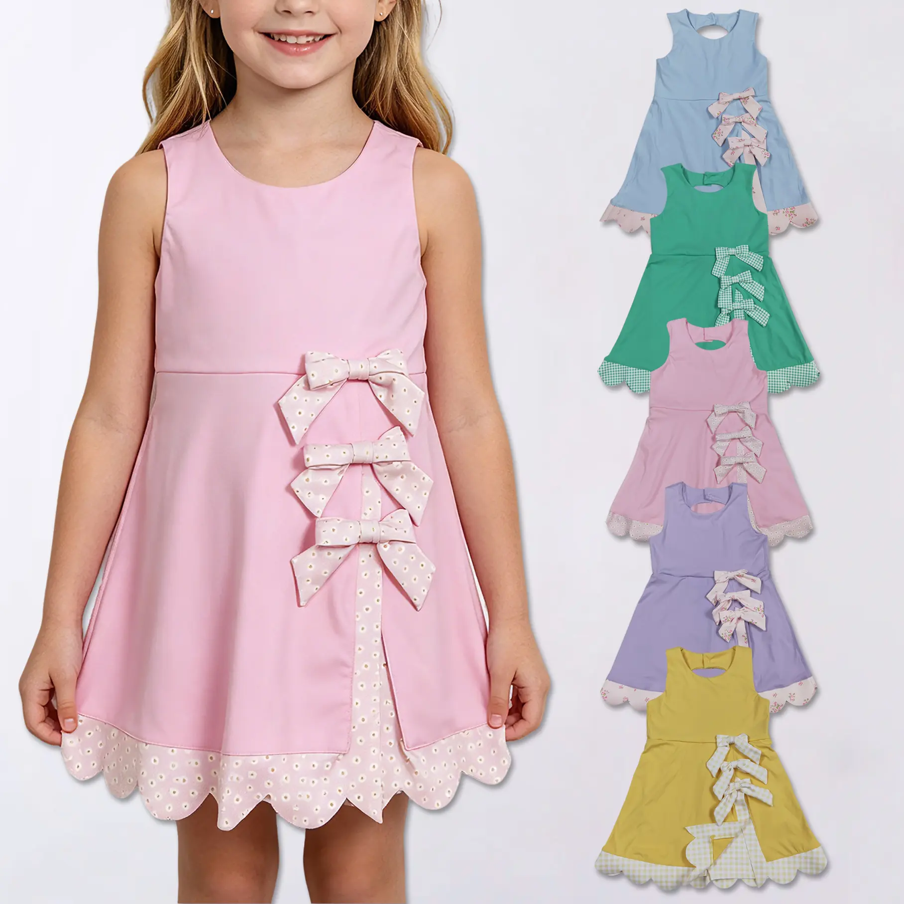 Girls Sleeveless Bow Dress with Built-in Shorts Toddler Summer Dress with Scalloped Hem Multi-Color Bow A-Line Dress Casual & Party Wear