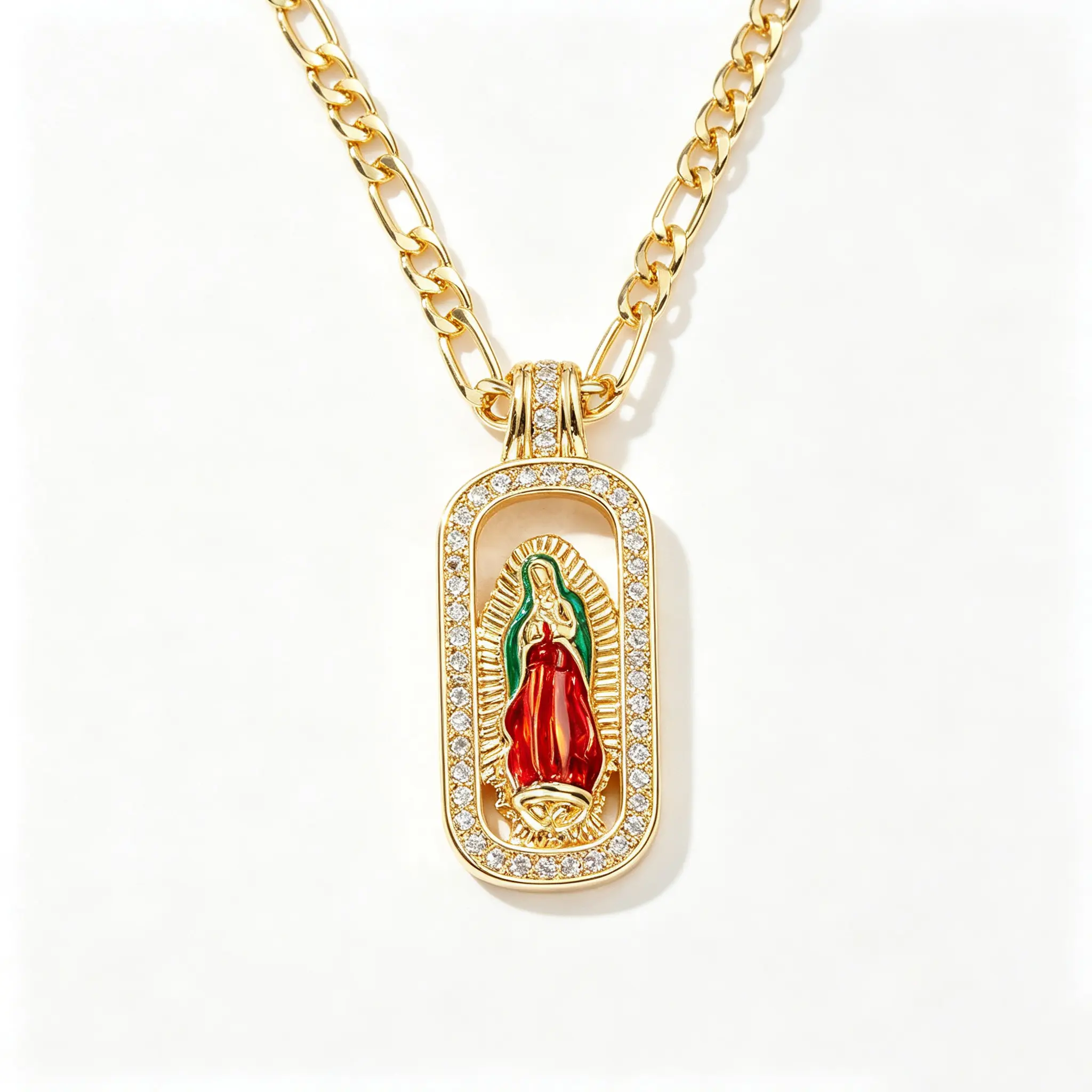 14K Tri-Tone Gold Plated Our Lady of Guadalupe Pendant Necklace 24 Inch, Figaro Chain with Cubic Zirconia – Catholic Religious Jewelry for Men Women, Ideal Christmas & Prayer Gift