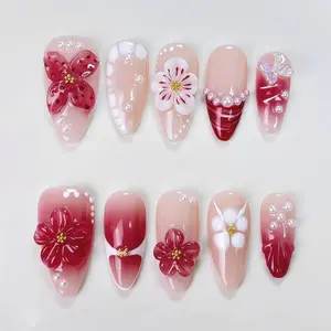 T74 Gradient mid-length carved almond-shaped hand-detachable press-on nails, acrylic nails