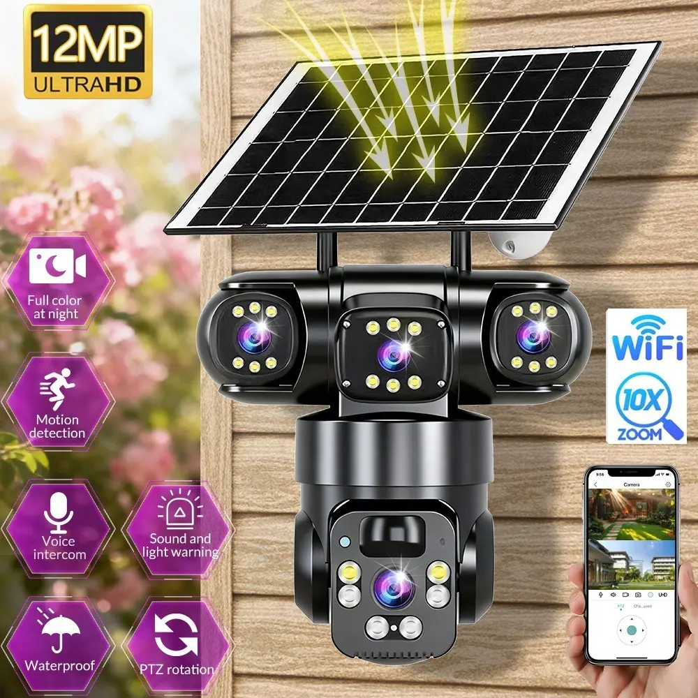 Wireless Outdoor Solar & Battery-Powered Lithium Ion Battery Security Camera with 2.4G Wi-Fi, 360° Pan-Tilt, Color Night Vision, AI Function, Motion Detection, Spotlight, 10x Zoom, Bracket Mount, SD Card Support (Home Security Lighting Accessory)