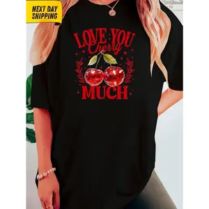 Women's Cherry Print T-Shirt - Cute Cherry & "Love You Much" Slogan Short Sleeve Crew Neck Top, White with Red Cherries & Pink Bow Tie Design, Casual Spring Summer Blouse, Machine Washable Casual Attire Gift Idea Black Womenswear